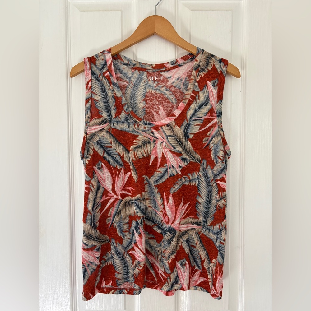 LOFT Red Floral Print Sleeveless Tank Shell Top 100% Linen Size Medium